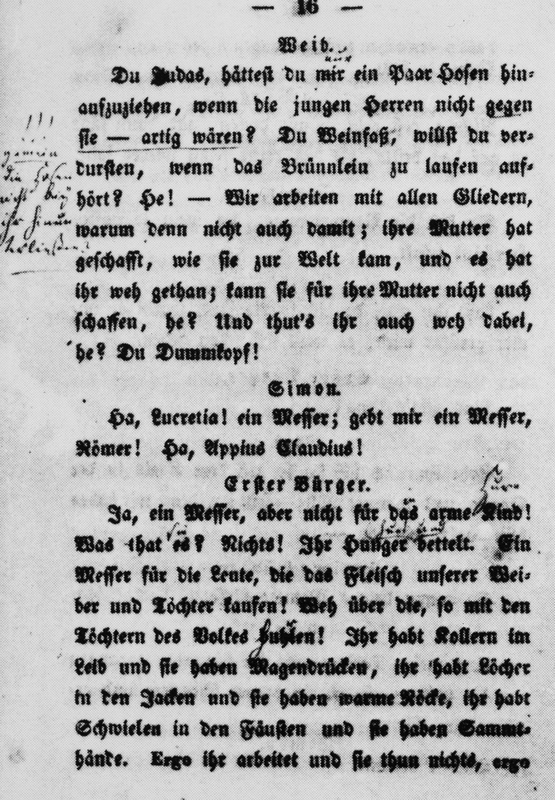 Danton's Tod, Widmungsexemplar für die Brüder Stoeber Seite 16 mit eigenhändigen Korrketuren Büchners (1835)