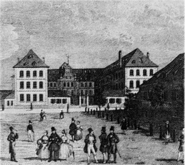 Hôtel de l'Académie à Strasbourg (Lithographie von F. Simon nach einer Federzeichnung von L. A. Perrin, um 1836).