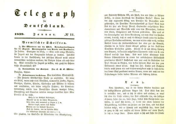 Telegraph für Deutschland Nr. 11, 1839 Lenz (Erstdruck, 6. Folge)