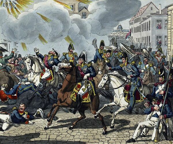 Attentat auf König Louis-Philippe I durch Joseph Fieschi (Lithografie von Geißler, 1835)