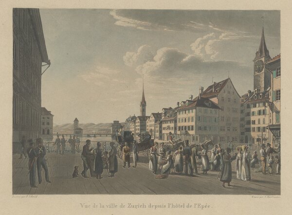 Ansicht der Stadt Zürich vom l'Hotel de l'Epée aus gesehen (Kolorierte Aquatinta; Stich von J. Hürlimann nach einem Entwurf von F. Schmid, vor 1835)