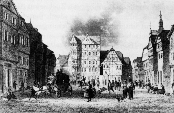 Gießen, Marktplatz (Stahlstich von John William Cooke, um 1845)