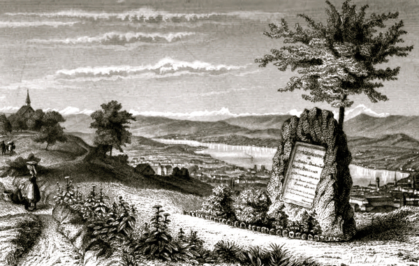A. Limbach, Büchners Grab- und Gedenkstein unter der „deutschen Linde“ bei Zürich (Stahlstich, 1876)